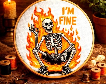Skeleton Cross Stitch Pattern, “I’m Fine” Meme Embroidery Design (PDF Download)