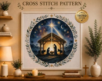 Patrón de punto de cruz de la Natividad en PDF, Belén navideño, Patrón de punto de cruz cristiano, Bordado religioso, Descarga instantánea