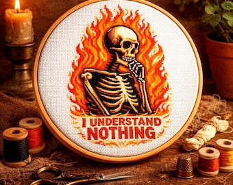 Flaming Skeleton Cross Stitch Pattern, Dark Humor Embroidery Design (PDF Download)