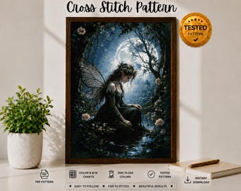 Patrón de punto de cruz de Hada Lunar en PDF / Hada Fantasía Oscura en Punto de Cruz Contado / Hada Gótica a la Luz de la Luna / Patrón de Cobertura Completa / PDF Digital