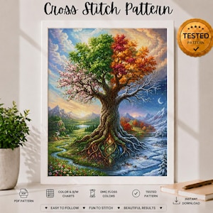 Può includere: Uno schema a punto croce raffigurante un albero centrale che attraversa le quattro stagioni, con fiori primaverili, foglie verdi estive, fogliame autunnale arancione e neve invernale, montagne, un fiume e una luna crescente.