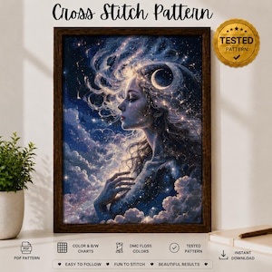 Kreuzstichmuster „Himmlische Göttin“ (PDF), Stickmuster „Mondgöttin“, Zählmuster „Fantasie-Frau“, Mystische Kunst, Sofort-Download