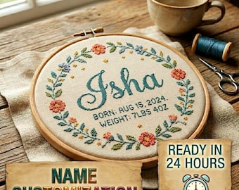 Custom Floral Name Cross Stitch Pattern | Baby Birth Announcement Hoop Art (Digital Download)