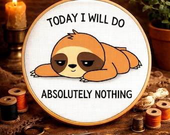 Lazy Sloth Cross Stitch Pattern, Funny Meme Embroidery PDF (Instant Download)