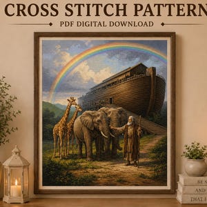 May include: A cross stitch pattern PDF digital download featuring a framed illustration of Noah's Ark with a rainbow, two giraffes, two elephants, and a person holding a staff. The text reads CROSS STITCH PATTERN and PDF DIGITAL DOWNLOAD.