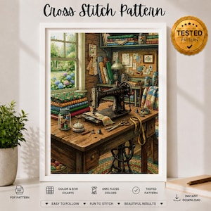 May include: A cross stitch pattern featuring a vintage sewing machine on a wooden table in a craft room. The scene includes stacks of colourful fabric, a jar of thread spools, scissors, and a measuring tape. The text reads Cross Stitch Pattern.