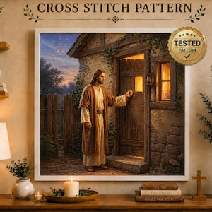 May include: A cross stitch pattern featuring a framed illustration of a person with long hair and a robe standing before a wooden door at dusk. The image includes a gold seal with the text TESTED PATTERN and the words CROSS STITCH PATTERN above.