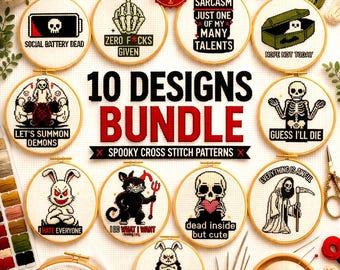 Spooky Meme Cross Stitch Patterns Bundle | Gothic Halloween Embroidery Charts (PDF Download)