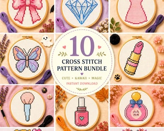 10 Kawaii Cross Stitch Patterns – Embroidery Designs (Instant Download)