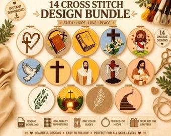 14 Christian Cross Stitch Designs Bundle | Faith Hope Love Religious Patterns (PDF Download)