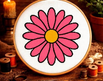 Pink Daisy Cross Stitch Pattern, Beginner Floral Embroidery PDF (Instant Download)