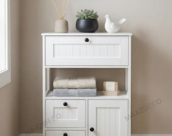 Modern Farmhouse Bathroom Storage Cabinet | Matte Black Bead Board Organizer