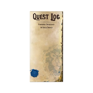 May include: A rectangular journal with the words "Quest Log" in a gothic font. The journal has a parchment-like background with a blue wax seal and a lion's head illustration. Text reads "Personal Objectives & Daily Trials."