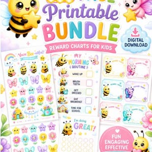 May include: A 17-page printable bundle of reward charts for kids featuring colorful illustrations of bees, butterflies, flowers, and stars. The digital download includes routine checklists, reward tickets, and sticker sheets with pastel graphics.