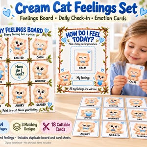 Può includere: Un set Cream Cat Feelings che include una tavola My Feelings Board e una tavola How Do I Feel Today con illustrazioni di gattini che esprimono emozioni come felice, eccitato, calmo, amato, preoccupato, triste, arrabbiato, spaventato e sorpreso.