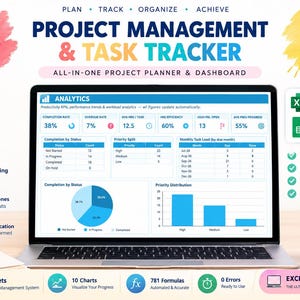 May include: A digital project management and task tracker dashboard displayed on a laptop screen. The interface features analytics, completion rates, priority splits, and charts. Text includes Plan, Track, Organize, Achieve, Project Management & Task Tracker.
