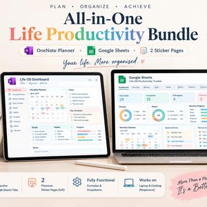 Könnte beinhalten: Ein All-in-One-Produktivitäts-Bundle mit einem Tablet, das ein OneNote-Planer-Dashboard anzeigt, und einem Laptop mit einem Google Sheets-Produktivitäts-Tracker. Enthält 40 Canva-Planerseiten, 10 Google Sheets-Tabs und 2 digitale Sticker-Seiten.