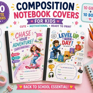 Può includere: Una collezione digitale di 20 copertine per quaderni per bambini, con 10 design per ragazze e 10 per ragazzi. Le copertine presentano illustrazioni colorate, testi motivazionali come Chase Your Adventure e Level Up Your Day, e spazi per nome, classe e materia.