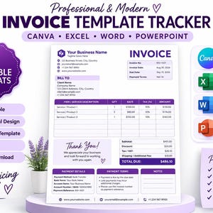 Puede incluir: Una plantilla de factura digital en morado y blanco, con secciones para datos de la empresa, información del cliente, descripciones de servicios, condiciones de pago y notas. Compatible con formatos Canva, Excel, Word y PowerPoint.