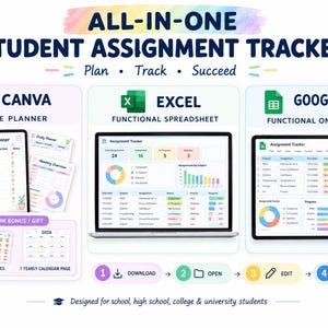 May include: An all-in-one student assignment tracker digital product suite featuring a Canva editable planner, an Excel functional spreadsheet, and a Google Sheets online tracker. Includes visual displays of assignment dashboards, calendars, and progress charts.