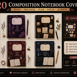 Op de afbeelding: Een digitale collectie van 20 notitieboekcovers met donkere, academisch getinte illustraties zoals globes, boeken, wetenschappelijke apparatuur en bloemmotieven. De set bevat tekstlabels voor naam, onderwerp en klas, plus twee bonuscovers, allemaal in hoge resolutie voor print of digitaal gebruik.