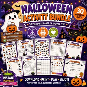 Peut inclure: Un ensemble d'activités d'Halloween comprenant 30 pages imprimables avec un fantôme, un chat noir et des citrouilles. Le lot inclut des bingos, des mots mêlés, des labyrinthes et des pages de dessin avec le texte Halloween Activity Bundle.