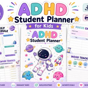 Utskrivbar elevplanerare med ADHD, skolplanerare för barn, läxuppföljare, studiefokus, daglig rutin, veckoplanerare, exekutiv funktion