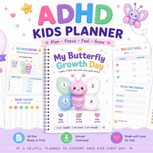 May include: A spiral-bound ADHD kids planner titled My Butterfly Growth Day featuring a pink butterfly illustration on the cover. The set includes 20 printable pages with sections for daily routines, weekly goals, reward charts, and mood trackers.