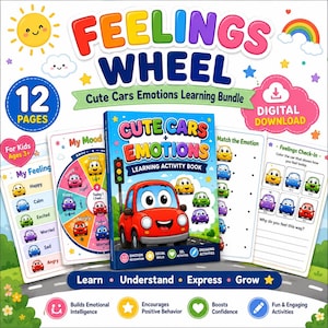Op de afbeelding: Een digitale downloadbundel genaamd Feelings Wheel Cute Cars Emotions Learning Bundle met een activiteitenboek van 12 pagina's met een rode auto op de omslag, naast diverse werkbladen met kleurrijke cartoonauto's die emoties uitdrukken.