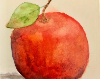 TINY 3 x 3 Red Apple Watercolor Original Art Cute Still Life Fruit Painting Gift Idea