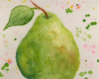 TINY 3 x 3 Green Pear Watercolor Original Art Cute Still Life Fruit Painting Gift Idea