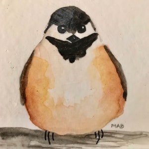 MINI 3 x 3 Chickadee Tiny Mixed Media Painting Watercolor Black and White Bird