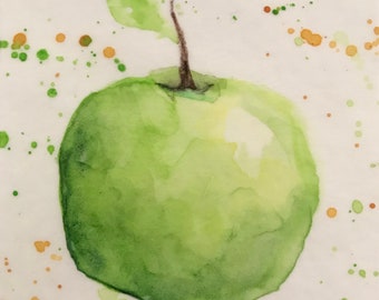 TINY 3 x 3 Green Apple Watercolor Original Art Cute Still Life Fruit Painting Gift Idea