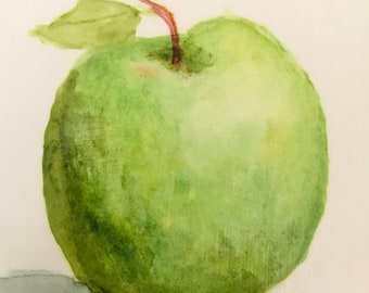 TINY 3 x 3 Green Apple Watercolor Original Art Cute Still Life Fruit Painting Gift Idea