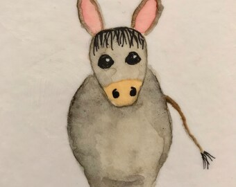 TINY 3 x 3 Donkey Farm Animal Tiny Mixed Media Painting Watercolor