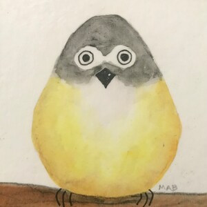 MINI 3 x 3 White Eyed Vireo Tiny Mixed Media Painting Watercolor Yellow Bird
