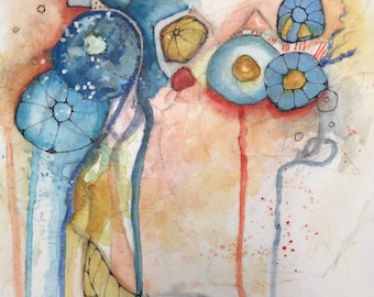 Happy Days Abstract Floral Watercolor Original Art  Painting Gift Idea