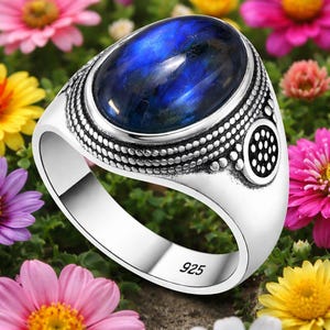 Oval Labradorite Ring, Blue Flash Gemstone, German Silver, Boho Statement Jewelry