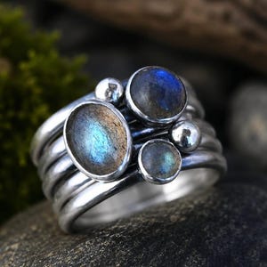 Natural Labradorite Blue Flash Sterling Silver Ring – Multi-Stone Statement Artisan Jewelry