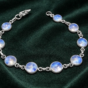 Natural Moonstone Blue Flash Bracelet, Round Gemstone, German Silver, Elegant Handmade Jewelry