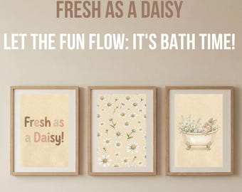 Funny Bunny Poster, Animal in Bathtub, Fresh as a Daisy Art, Floral Nursery Decor, Earthy Neutral Color, Storybook Art, Half Bath Decor