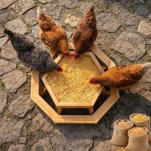 May include: Four chickens eating from a wooden hexagonal feeder filled with yellow grain. The chickens have brown, black, and white speckled feathers and red combs. Small burlap sacks filled with grain are in the background. The feeder is on a stone surface.