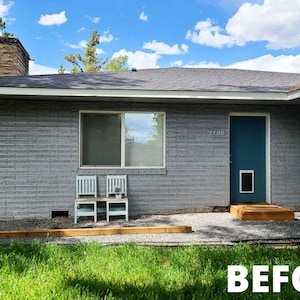 May include: Exterior view of a house with gray brick siding, a blue door, and a small window. The house has a dark roof and a small wooden porch. The word "BEFORE" is written in white at the bottom of the image.