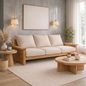 May include: A living room scene featuring a light-colored sofa with three cushions, a wooden coffee table, and two side tables. The room has a neutral color palette with a large framed artwork on the wall and a rug.
