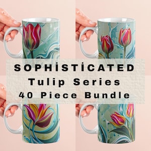 Pode incluir: Quatro canecas de cerâmica branca com desenhos de tulipas. Cada caneca apresenta uma ilustração de tulipa diferente em tons de vermelho, amarelo e roxo sobre um fundo turquesa e branco. O texto "SOPHISTICATED Tulip Series 40 PIECE BUNDLE" é exibido.