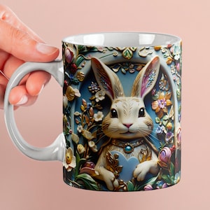 3D Elegant Two Bunnies Mug Wrap, Luxury Embossed Ceramic Design, High Gloss Porcelain Sublimation PNG, 11oz 15oz Mug Template,
