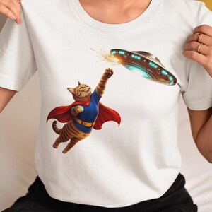 Katze UFO Superheld T-Shirt, Alien Grafik T-Shirt, lustiges Weltraum Unisex Shirt