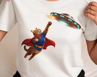Katze UFO Superheld T-Shirt, Alien Grafik T-Shirt, lustiges Weltraum Unisex Shirt
