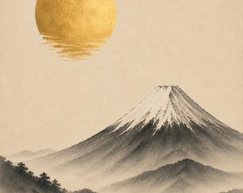 Golden Moon & Mount Fuji Print – Japanese Minimalist Wall Art, Zen Landscape Poster, Japandi Decor, Sumi-e Style Digital Download
