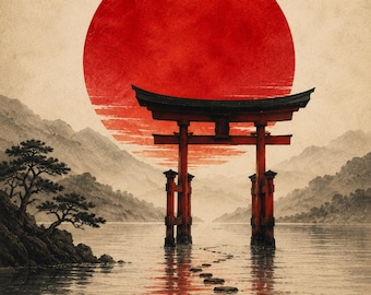 Red Moon & Torii – Japanese Wall Art Print, Japandi Decor, Zen Landscape Poster, Minimalist Asian Art, Digital Download